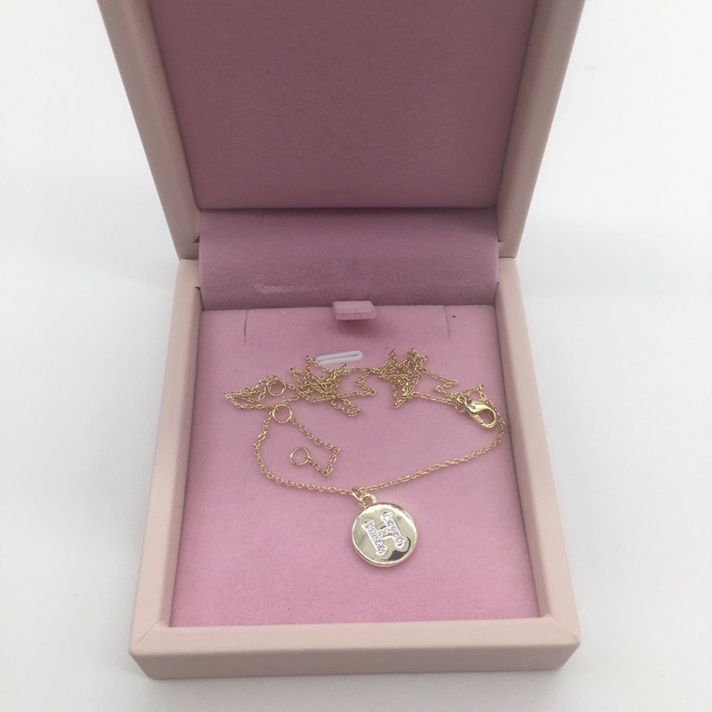 Necklace gold tone letter H round pendant with white rhinestones new in pink box
